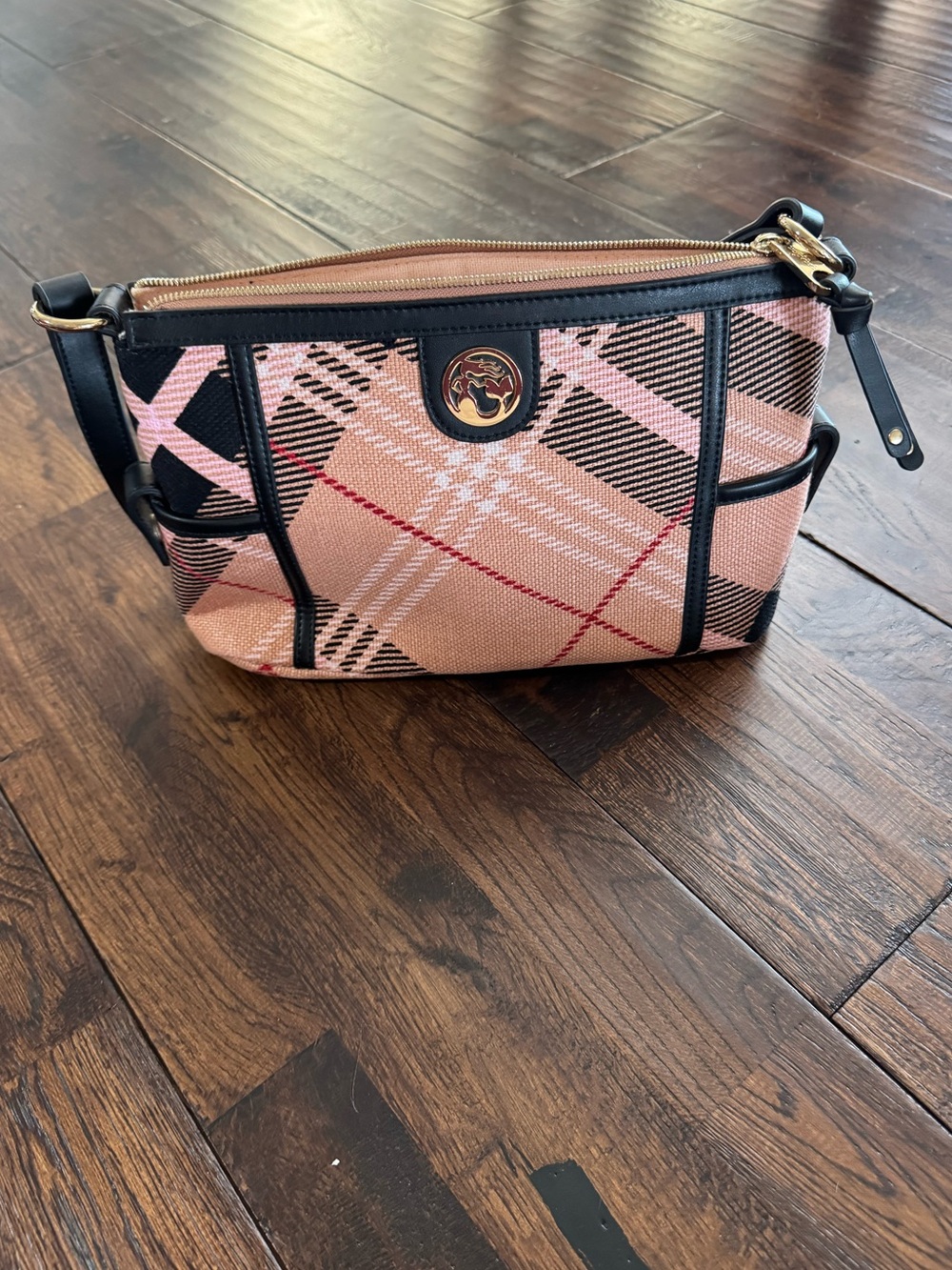 Spartina 449 Peach Black Plaid Shoulder Bag with Black Leather Trim - Picture 14 of 16